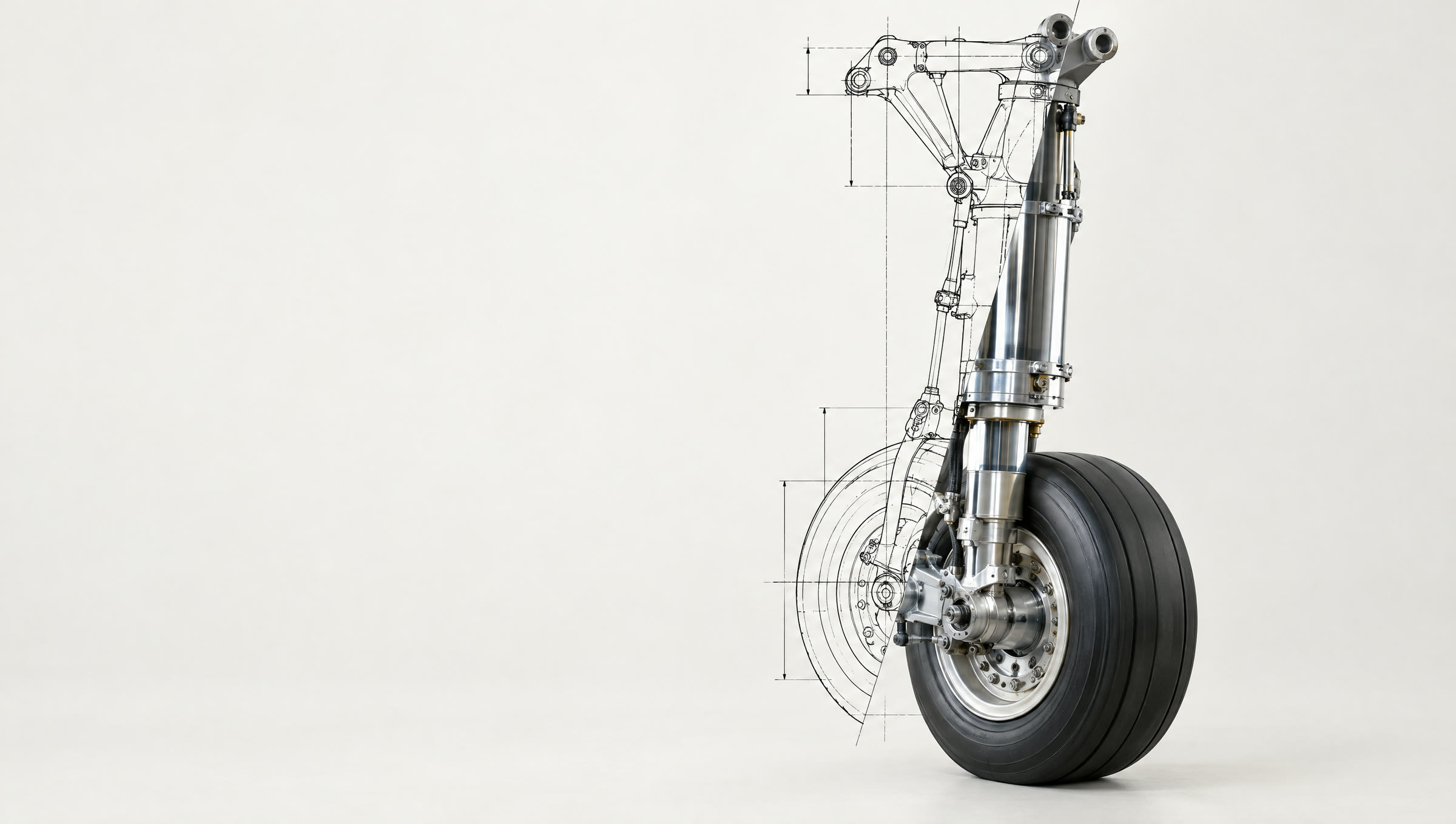 A landing gear, half technical drawing and half finished component